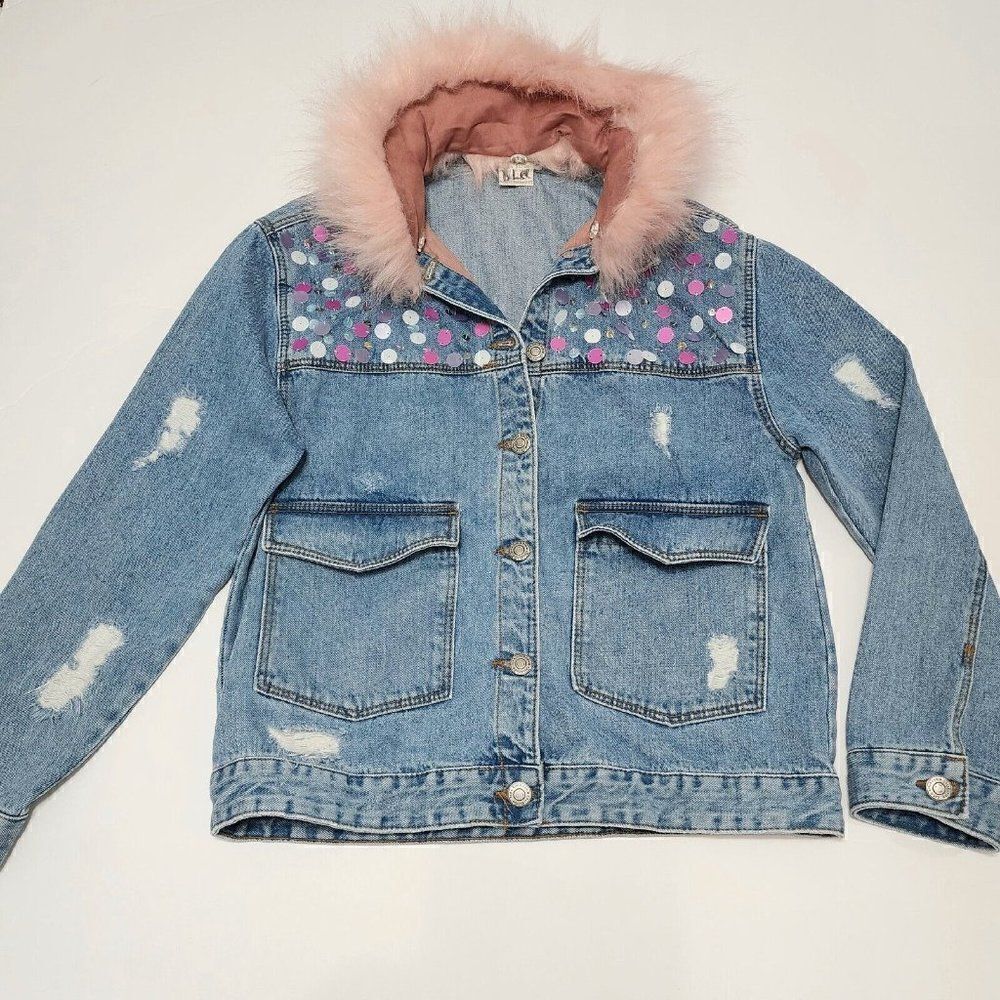 Zara Girls - Size 11/12 Sequin Fur Collar Distressed Jean Jacket